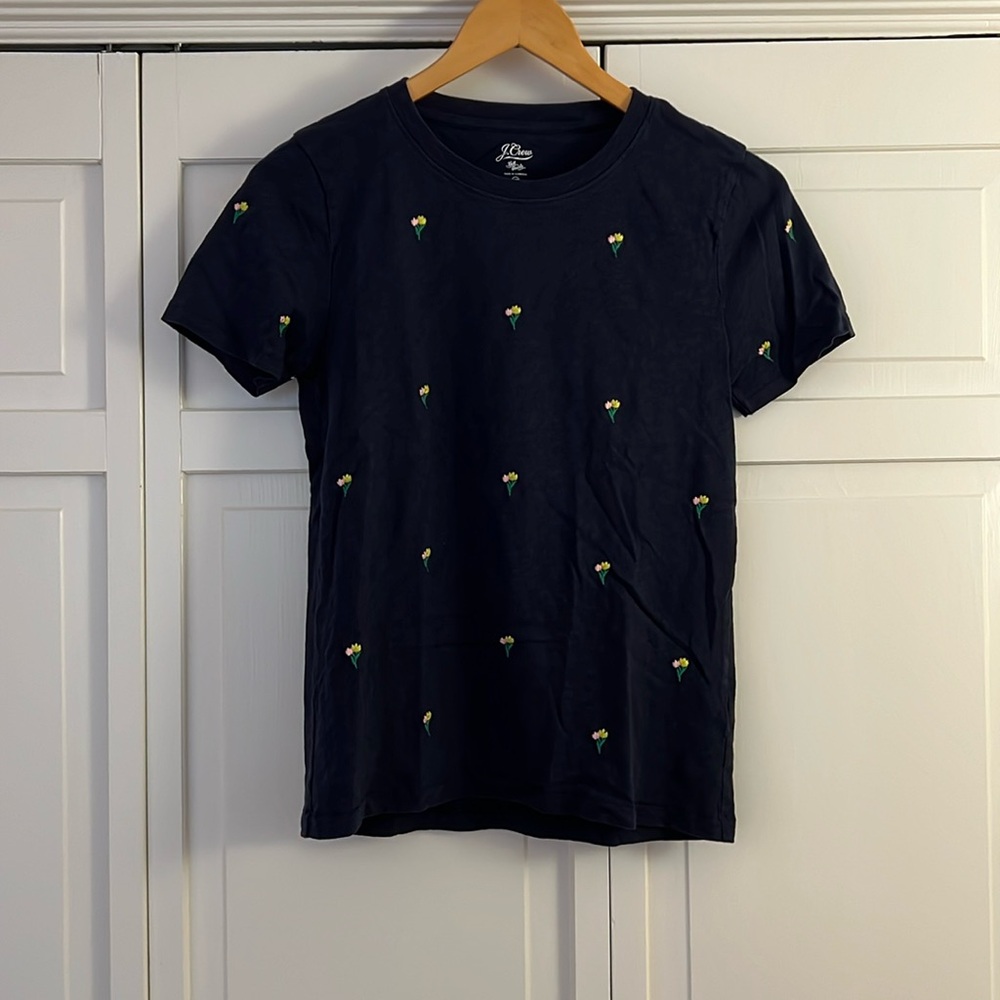 J Crew tulip embroidered top, navy, XS